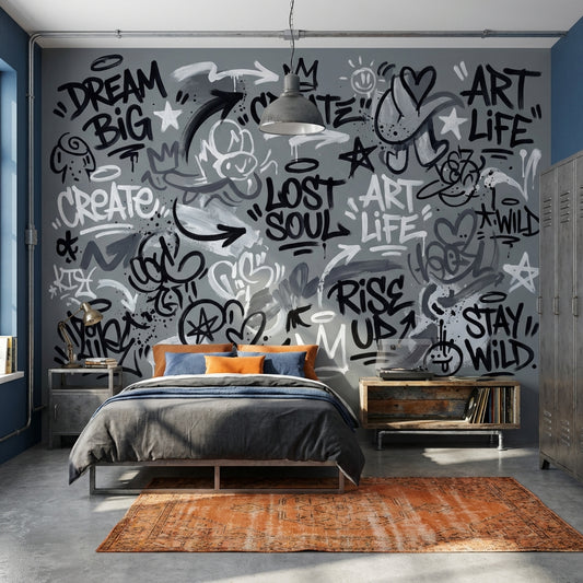 Gri Graffiti Yazılı Poster Duvar Kağıdı Genç Odası Dekoru