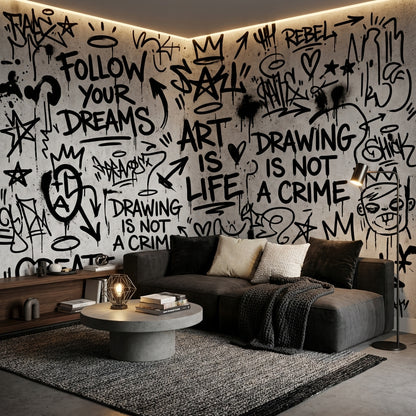 Graffiti Yazılı Poster Duvar Kağıdı Siyah Beyaz Genç Odası