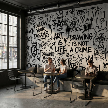Graffiti Yazılı Poster Duvar Kağıdı Siyah Beyaz Genç Odası