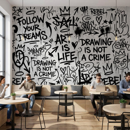 Graffiti Yazılı Poster Duvar Kağıdı Siyah Beyaz Genç Odası