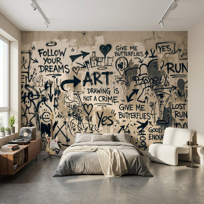 Graffiti Yazılı Poster Duvar Kağıdı Siyah Bej Modern Salon