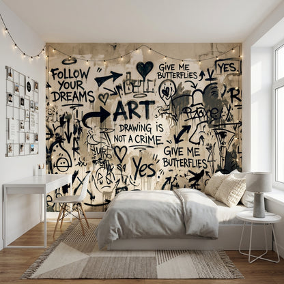 Graffiti Yazılı Poster Duvar Kağıdı Siyah Bej Modern Salon