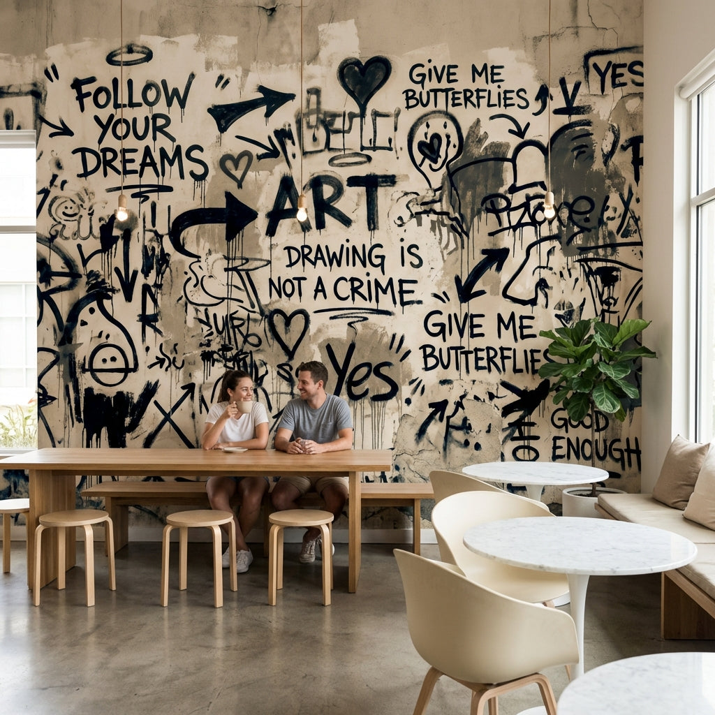 Graffiti Yazılı Poster Duvar Kağıdı Siyah Bej Modern Salon
