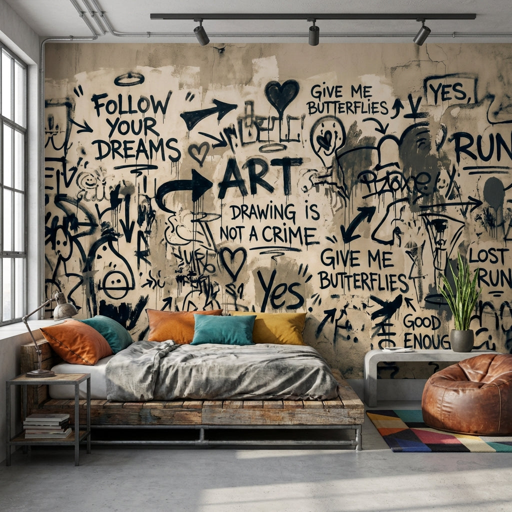 Graffiti Yazılı Poster Duvar Kağıdı Siyah Bej Modern Salon