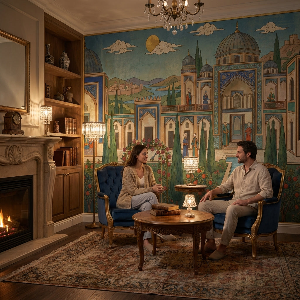 Osmanlı Saray Bahçesi Poster Duvar Kağıdı Mavi Altın Salon