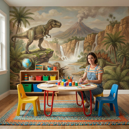 Dinozor ve Şelale Manzaralı Poster Duvar Kağıdı Genç Odası