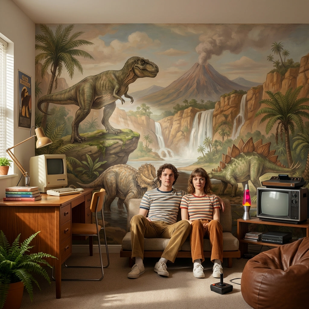Dinozor ve Şelale Manzaralı Poster Duvar Kağıdı Genç Odası