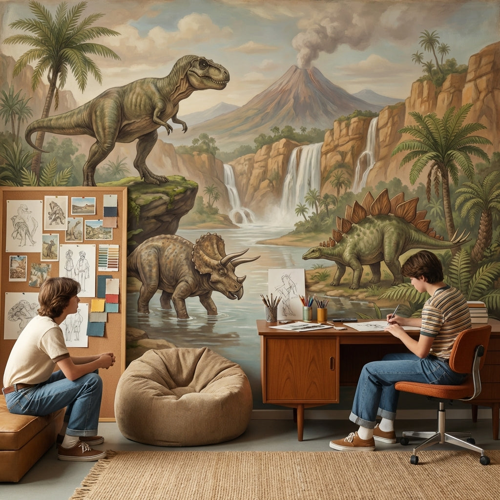 Dinozor ve Şelale Manzaralı Poster Duvar Kağıdı Genç Odası
