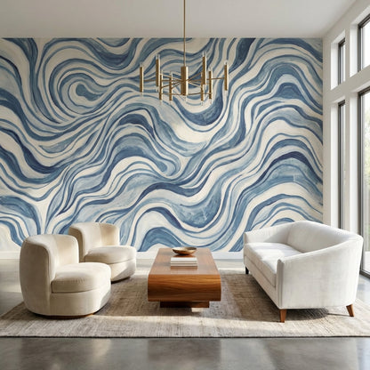 Mavi Dalgalı Soyut Poster Duvar Kağıdı Modern Salon Dekoru