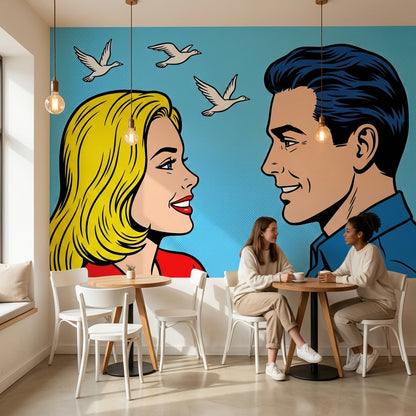 Pop Art Çift Figürlü Poster Duvar Kağıdı Mavi Yatak Odası