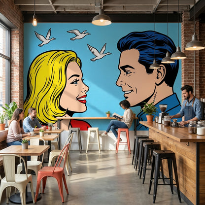 Pop Art Çift Figürlü Poster Duvar Kağıdı Mavi Yatak Odası