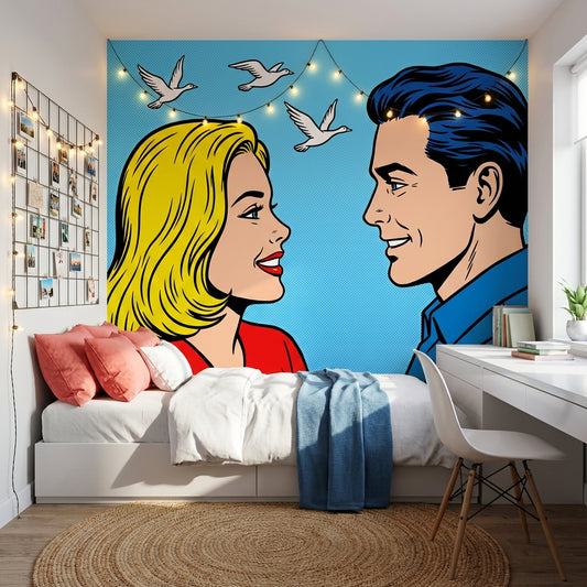 Pop Art Çift Figürlü Poster Duvar Kağıdı Mavi Yatak Odası