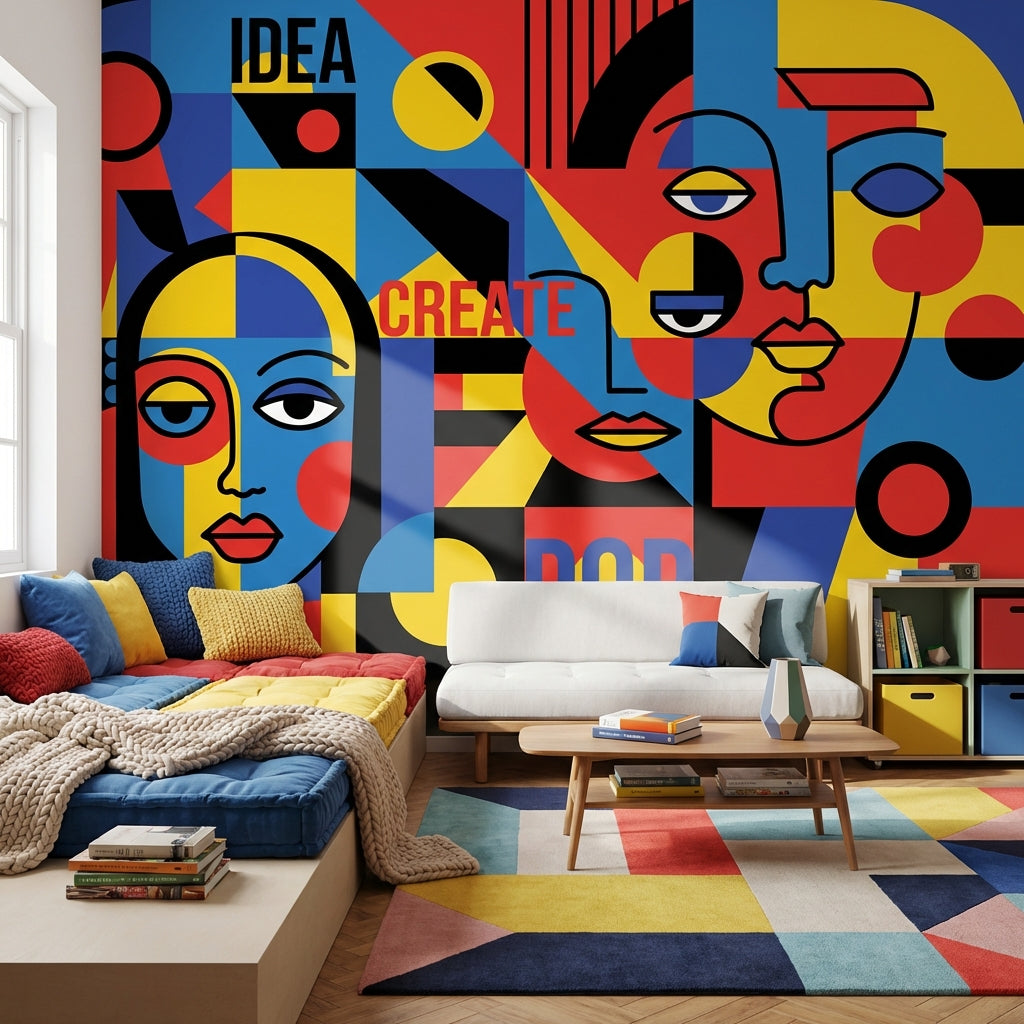 Renkli Pop Art Yüzler Poster Duvar Kağıdı Modern Salon