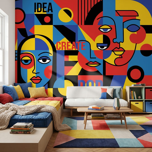 Renkli Pop Art Yüzler Poster Duvar Kağıdı Modern Salon
