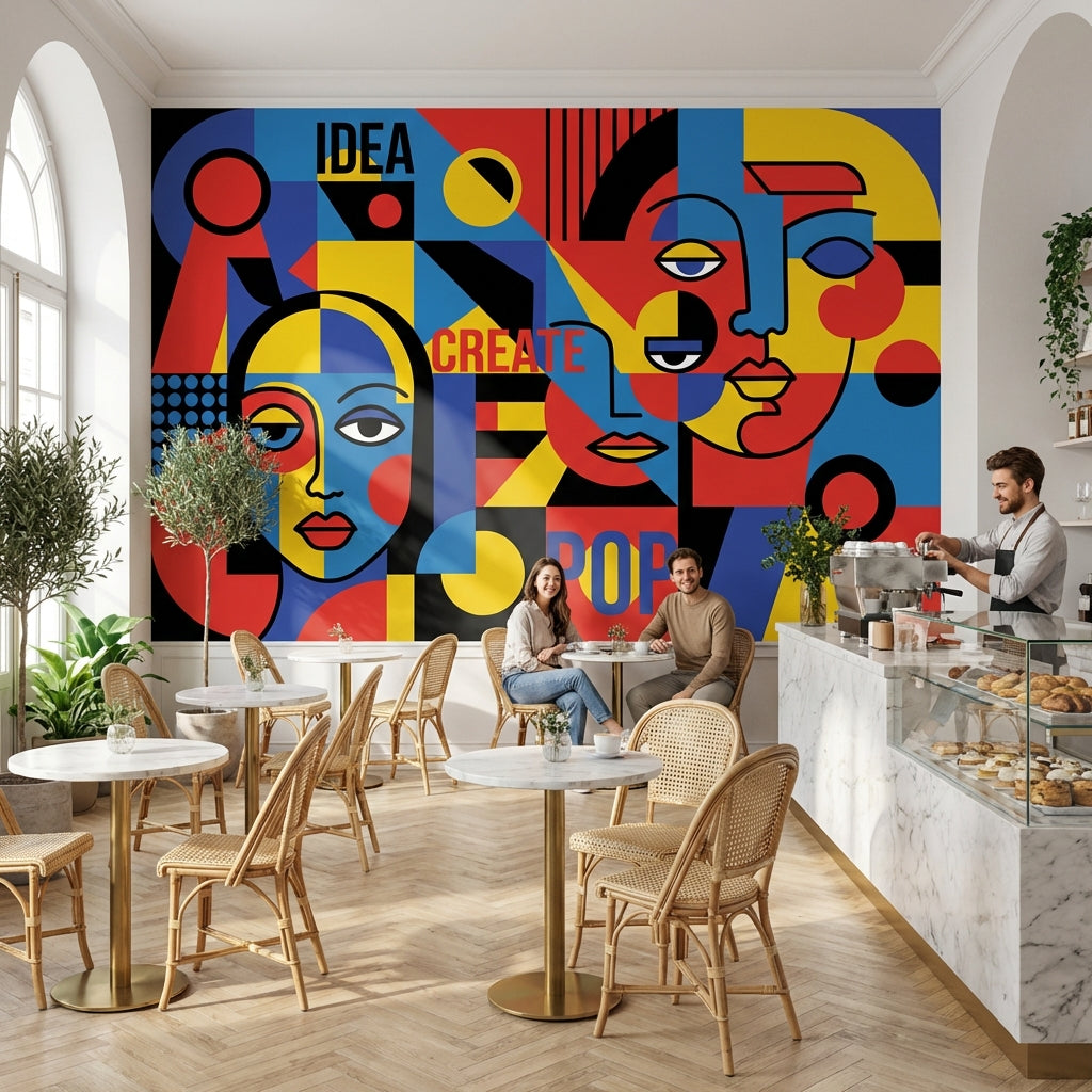 Renkli Pop Art Yüzler Poster Duvar Kağıdı Modern Salon