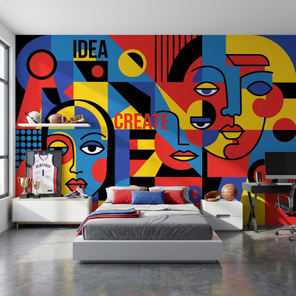 Renkli Pop Art Yüzler Poster Duvar Kağıdı Modern Salon