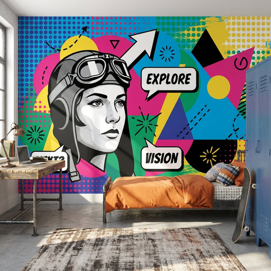 Pop Art Pilot İllüstrasyonlu Poster Duvar Kağıdı Renkli Genç Odası