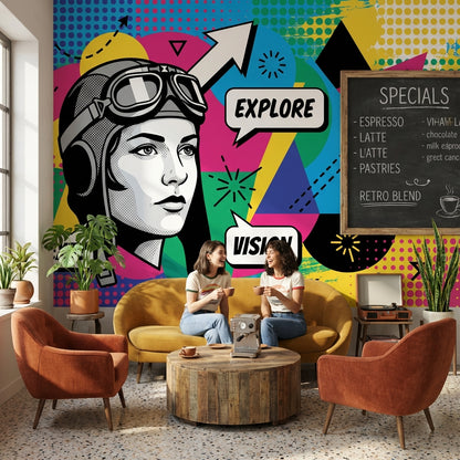 Pop Art Pilot İllüstrasyonlu Poster Duvar Kağıdı Renkli Genç Odası