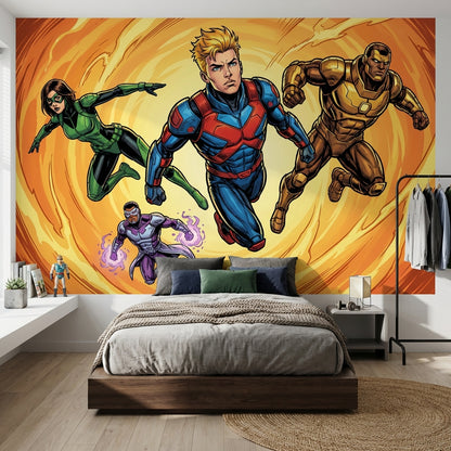 Süper Kahramanlı Poster Duvar Kağıdı Turuncu Çocuk Odası