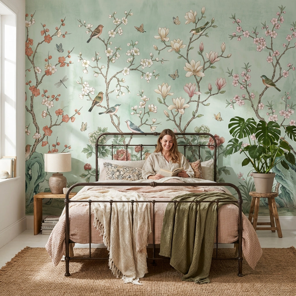 Kuşlu Çiçekli Bahçe Poster Duvar Kağıdı Mint Yeşil Salon