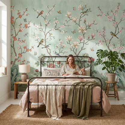 Kuşlu Çiçekli Bahçe Poster Duvar Kağıdı Mint Yeşil Salon