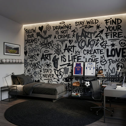 Graffiti Yazılı Poster Duvar Kağıdı Siyah Beyaz Genç Odası