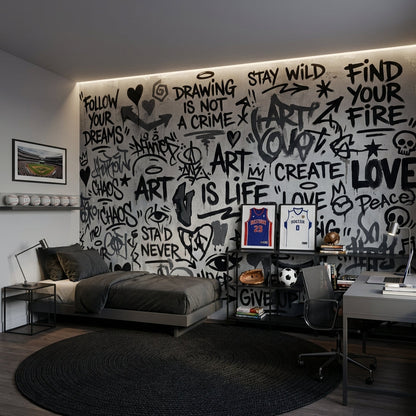 Graffiti Yazılı Poster Duvar Kağıdı Siyah Beyaz Genç Odası – Hazır Ölçü Outlet