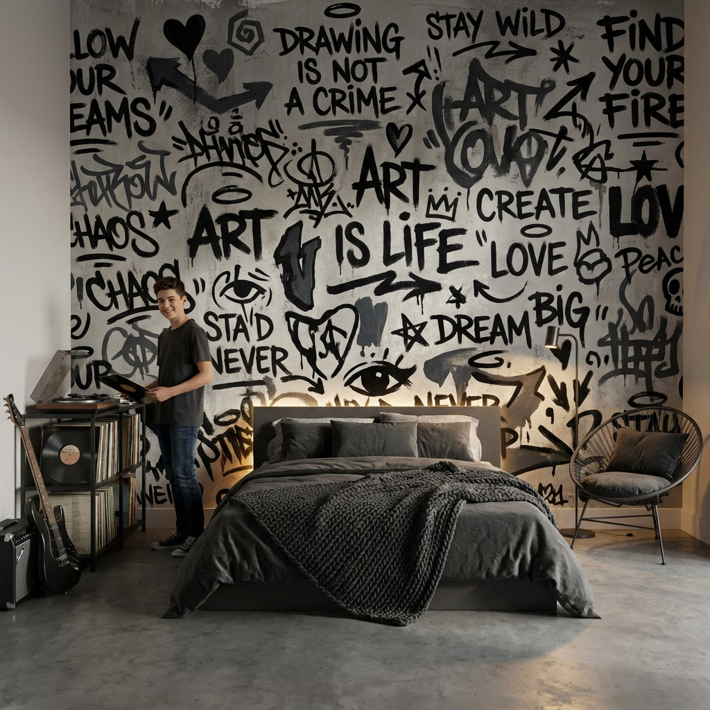 Graffiti Yazılı Poster Duvar Kağıdı Siyah Beyaz Genç Odası