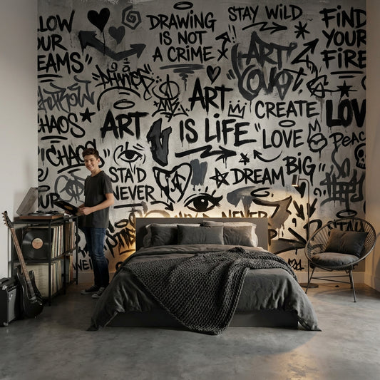 Graffiti Yazılı Poster Duvar Kağıdı Siyah Beyaz Genç Odası