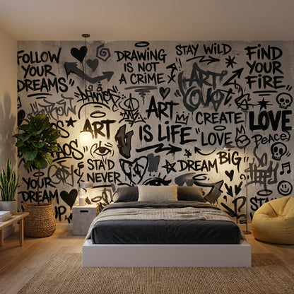 Graffiti Yazılı Poster Duvar Kağıdı Siyah Beyaz Genç Odası