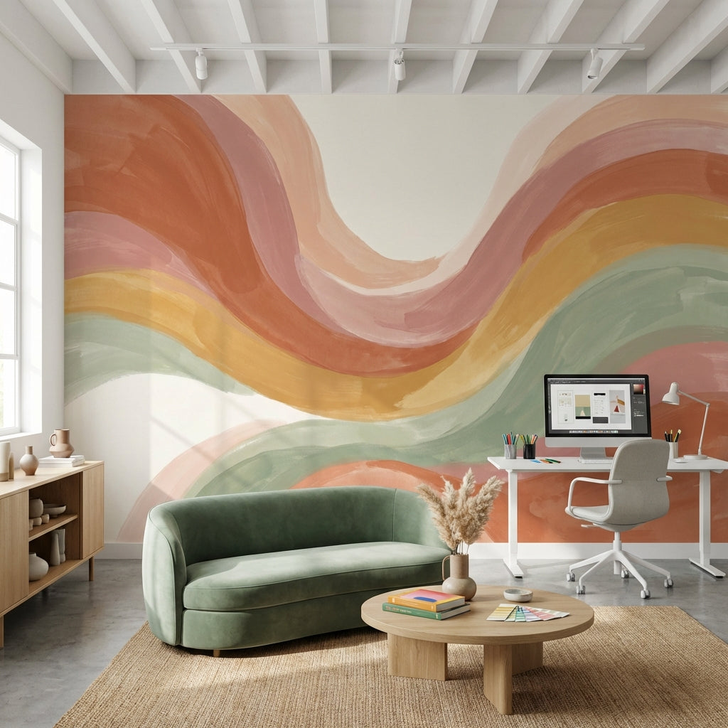 Renkli Dalgalı Soyut Poster Duvar Kağıdı Pastel Salon