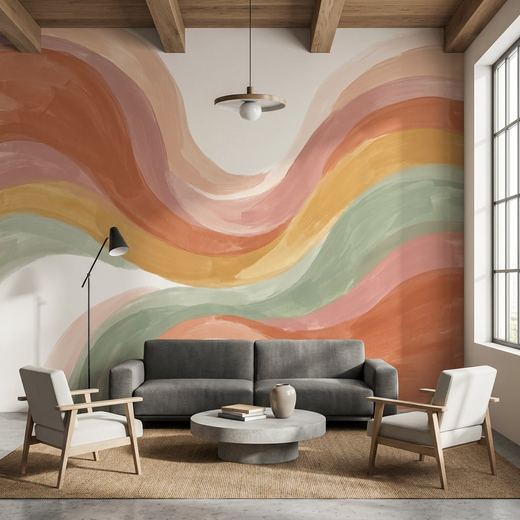 Renkli Dalgalı Soyut Poster Duvar Kağıdı Pastel Salon