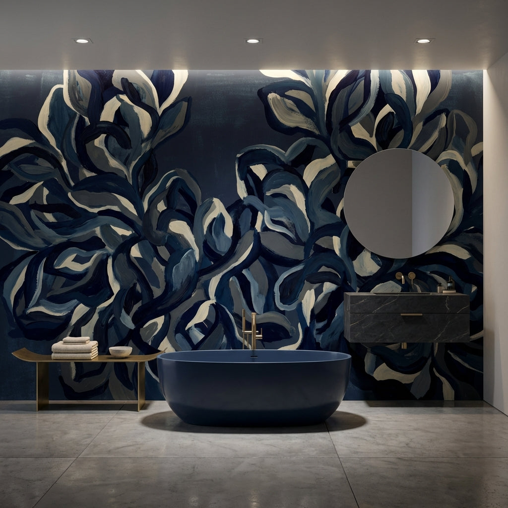 Lacivert Yaprak Desenli Poster Duvar Kağıdı Modern Banyo Dekoru