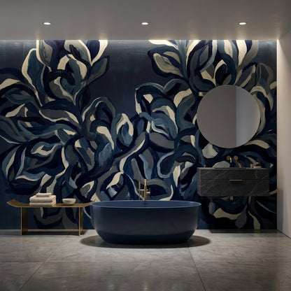 Lacivert Yaprak Desenli Poster Duvar Kağıdı Modern Banyo Dekoru