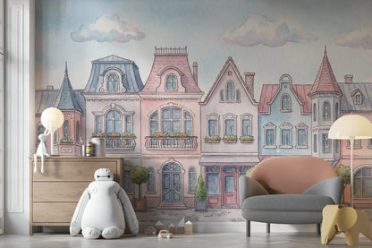 Pastel Şehir Evleri Poster Duvar Kağıdı Bebek Odası