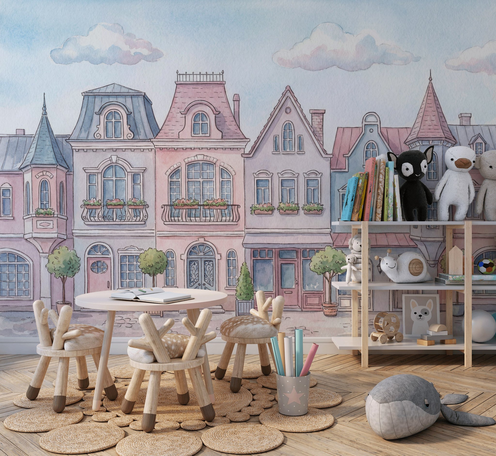 Pastel Şehir Evleri Poster Duvar Kağıdı Bebek Odası