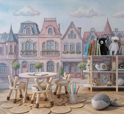 Pastel Şehir Evleri Poster Duvar Kağıdı Bebek Odası
