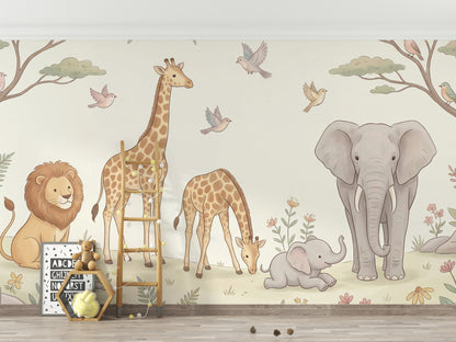 Safari Hayvanlı Poster Duvar Kağıdı Bebek Odası Pastel Desen