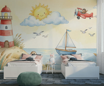 Deniz Fenerli Poster Duvar Kağıdı Bebek Odası Pastel Sahil