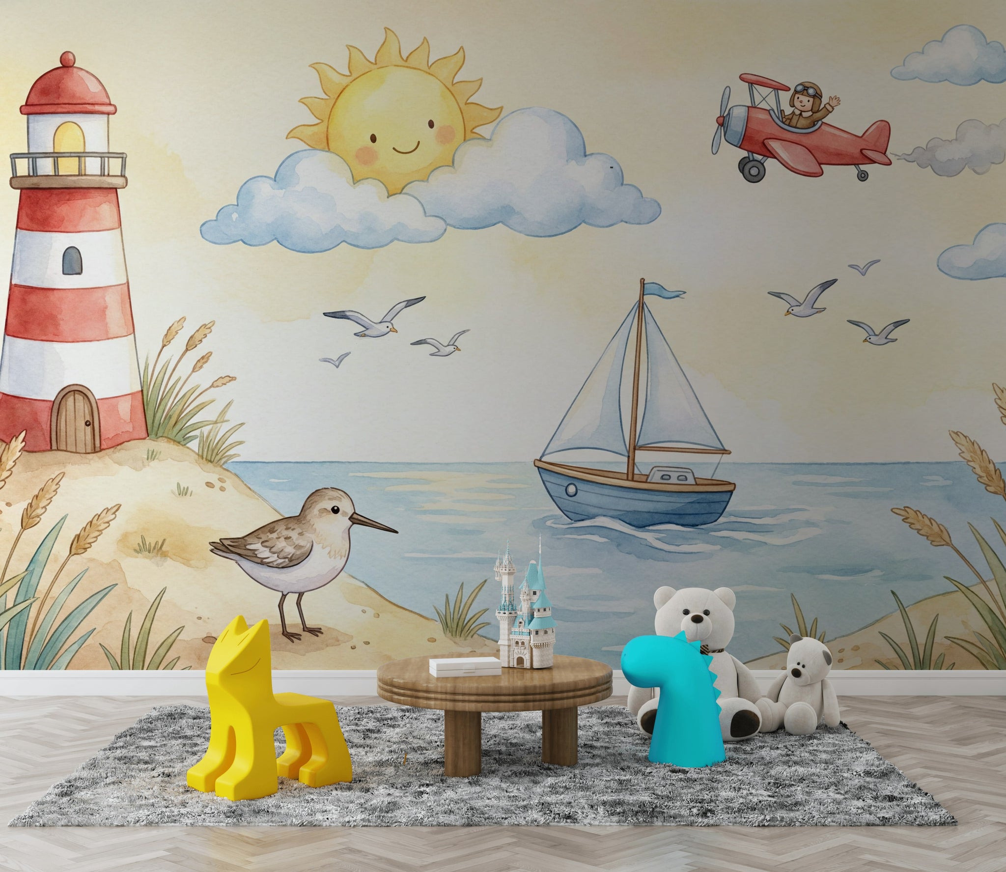 Deniz Fenerli Poster Duvar Kağıdı Bebek Odası Pastel Sahil