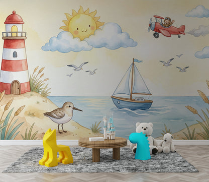 Deniz Fenerli Poster Duvar Kağıdı Bebek Odası Pastel Sahil