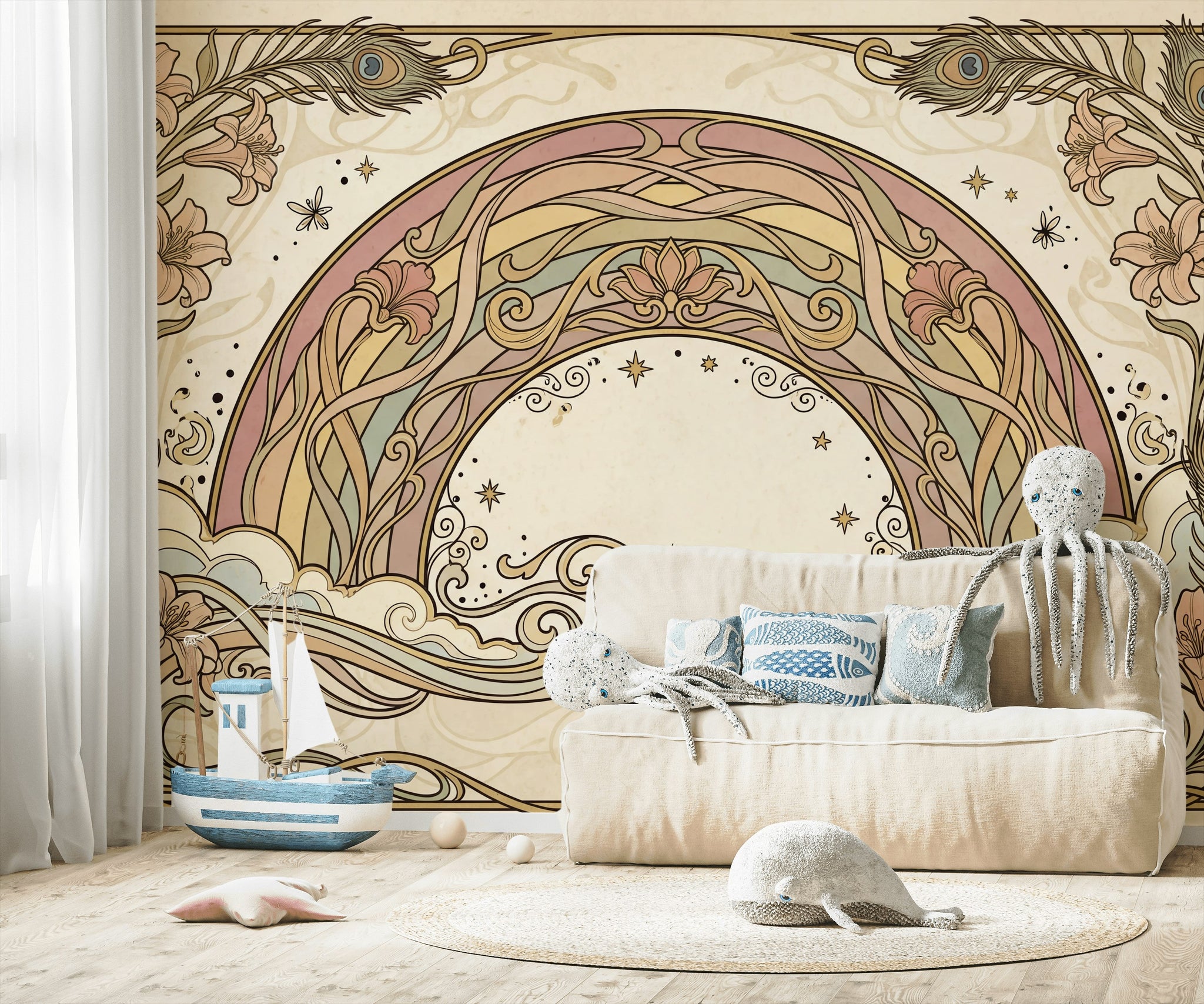 Art Nouveau Gökkuşağı Poster Duvar Kağıdı Bej Krem Bebek Odası