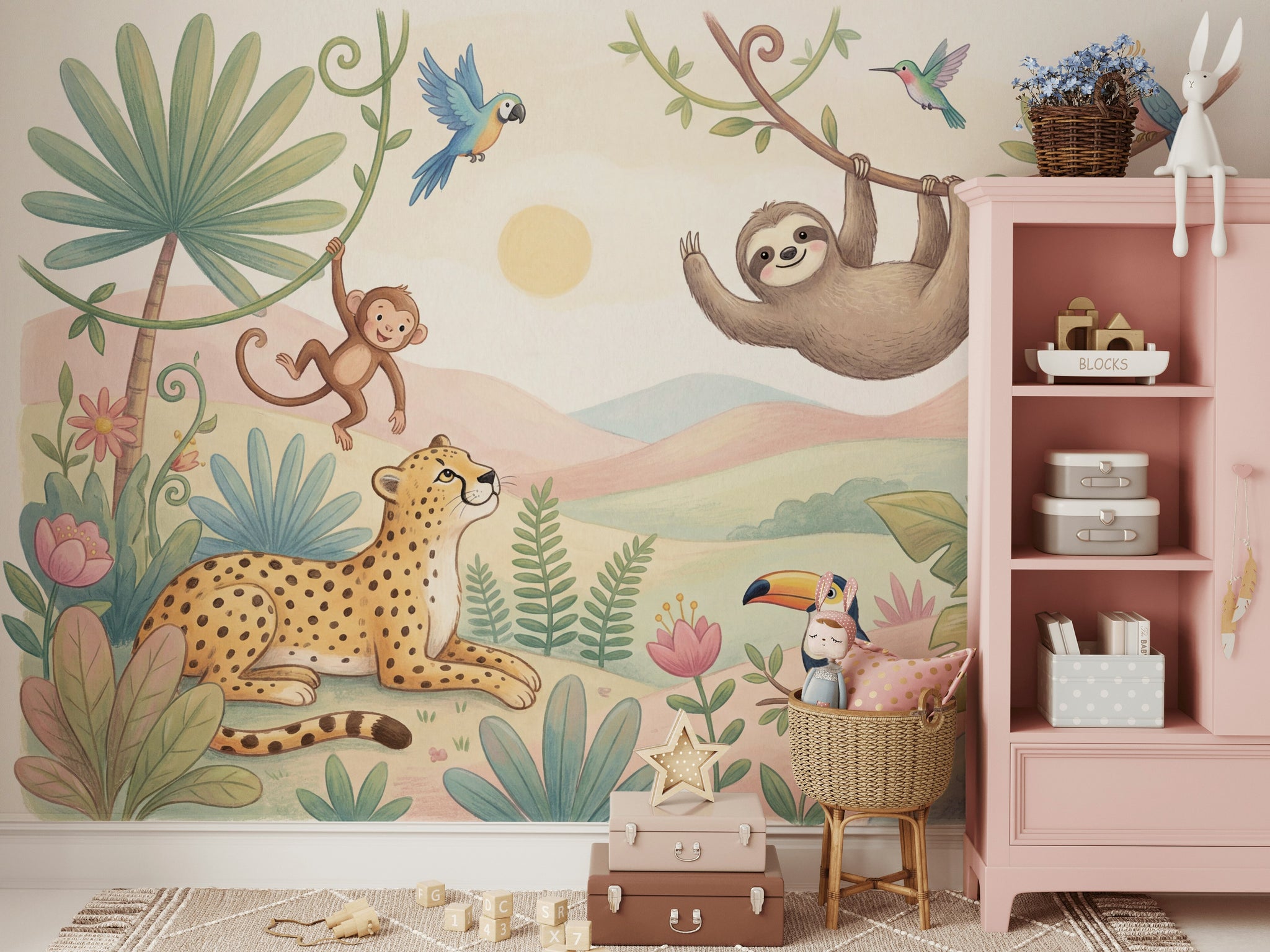 Safari Hayvanlı Poster Duvar Kağıdı Pastel Çocuk Odası Desenli