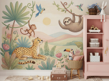 Safari Hayvanlı Poster Duvar Kağıdı Pastel Çocuk Odası Desenli