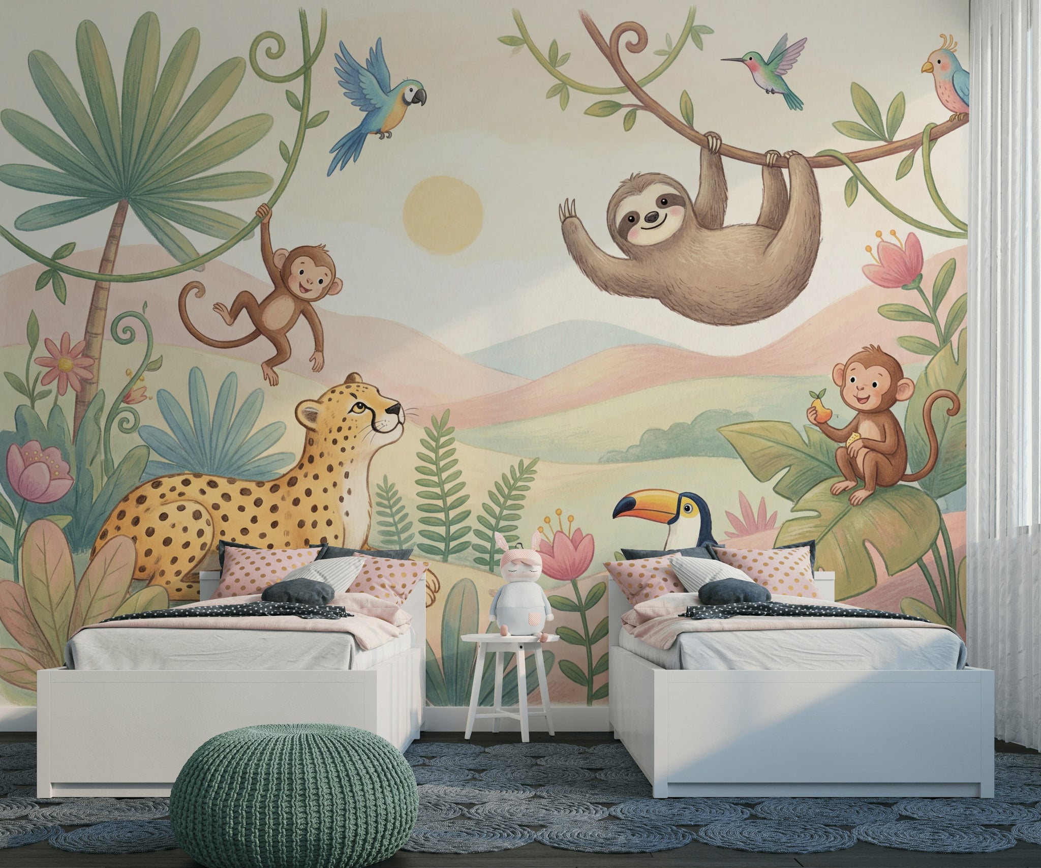 Safari Hayvanlı Poster Duvar Kağıdı Pastel Çocuk Odası Desenli