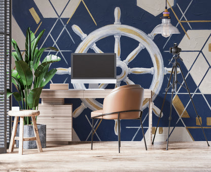 Dümen Motifli Poster Duvar Kağıdı Lacivert Geometrik Yatak Odası