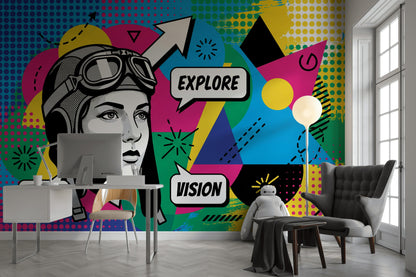 Pop Art Pilot İllüstrasyonlu Poster Duvar Kağıdı Renkli Genç Odası