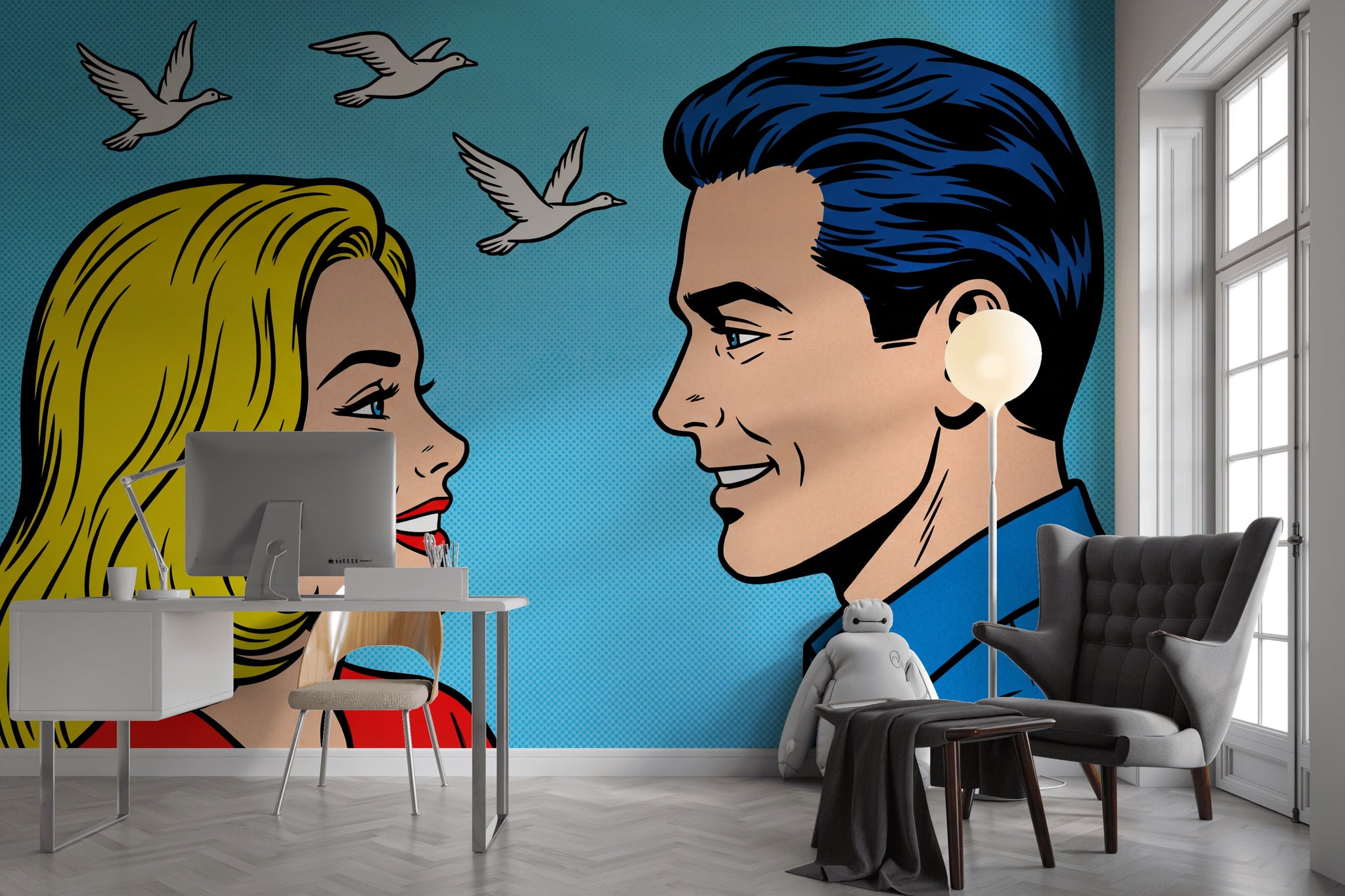 Pop Art Çift Figürlü Poster Duvar Kağıdı Mavi Yatak Odası