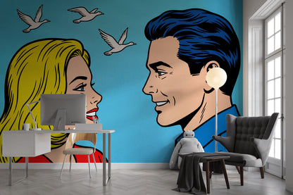 Pop Art Çift Figürlü Poster Duvar Kağıdı Mavi Yatak Odası