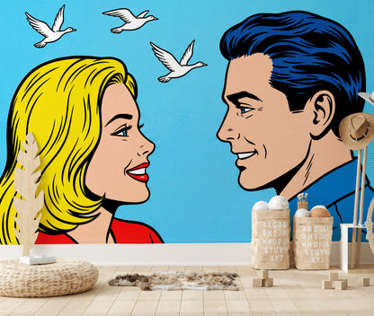 Pop Art Çift Figürlü Poster Duvar Kağıdı Mavi Yatak Odası